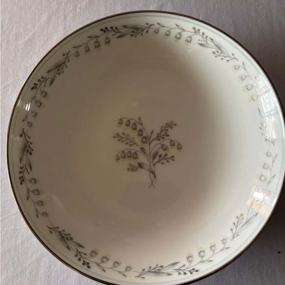 Noritake White Porcelain Soup Bowl with Gray Floral Sprigs and Gold Accents